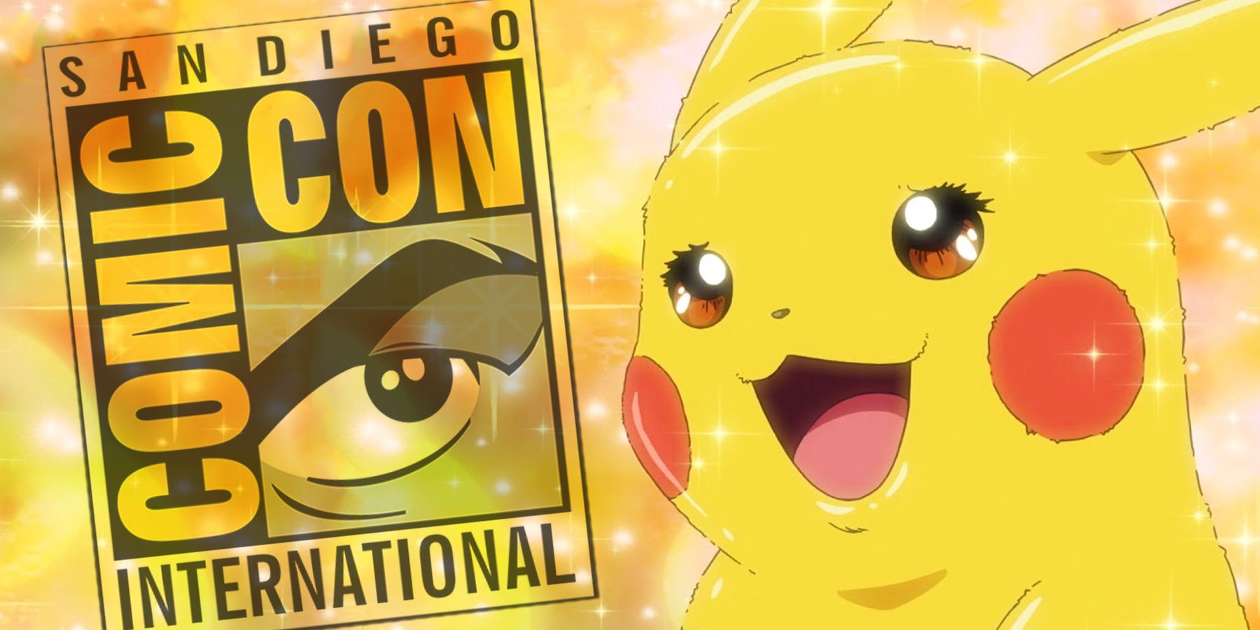 The San Diego Comic-con logo and Pikachu looking happy and surprised from anime Pokémon