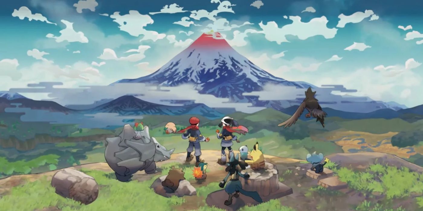 Pokémon Legends: Arceus key art featuring the two protagonists with their Pokémon overlooking Mt. Coronet.