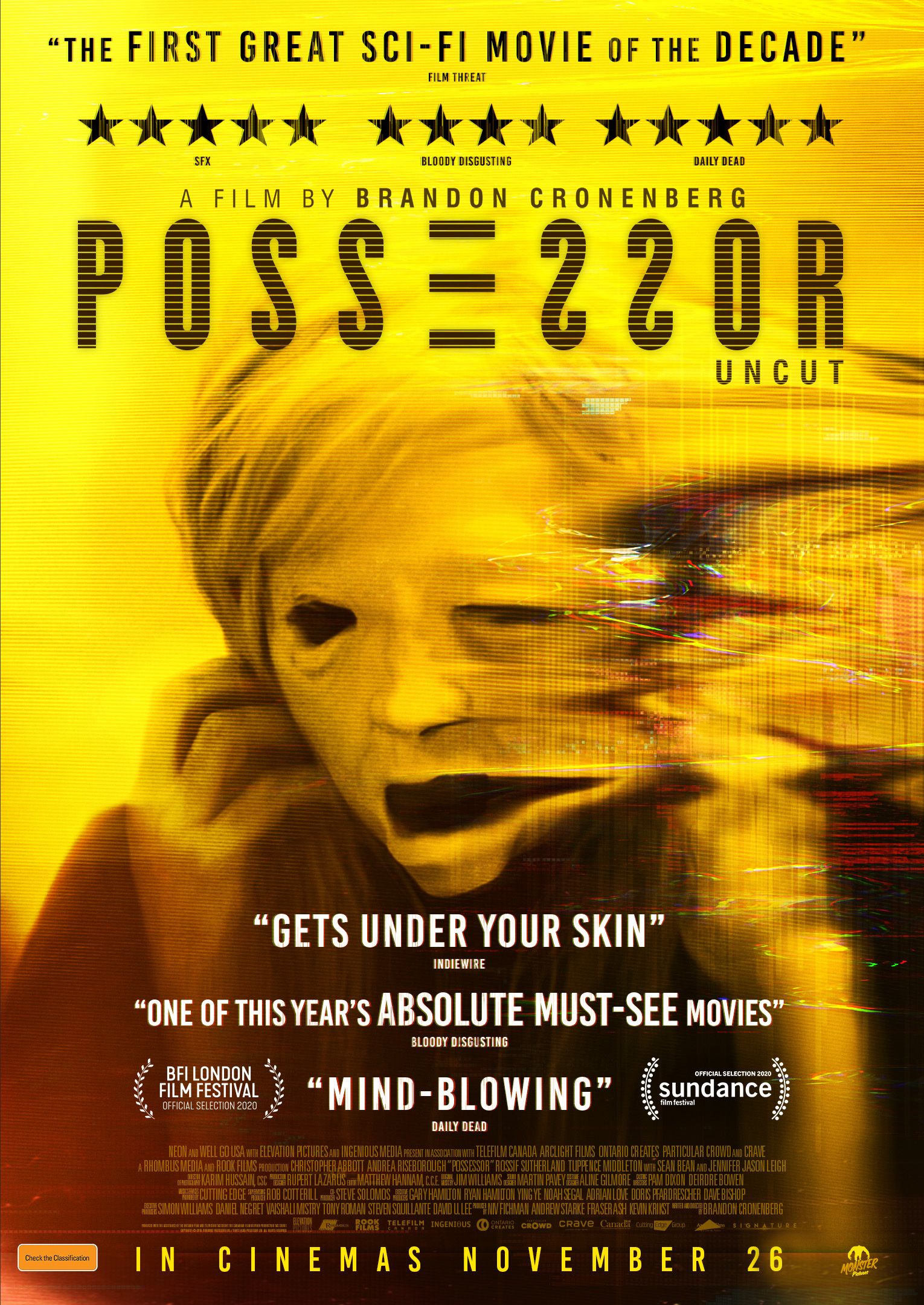 A warped human face on the Possessor 2020 Film Poster