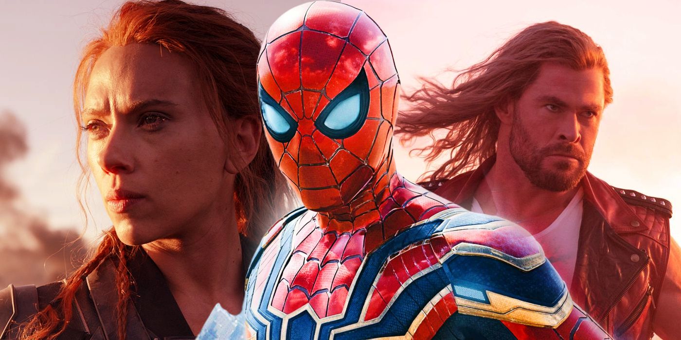 Split Image: Black Widow (Scarlett Johansson); Spider-Man (Tom Holland); Thor (Chris Hemsworth)