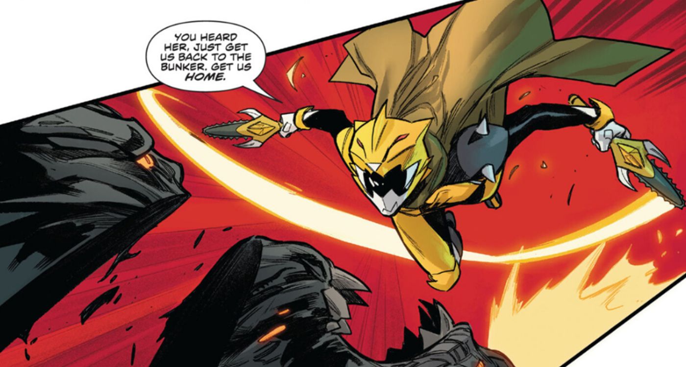 Trini Kwan entrando em ação como um novo tipo de power ranger amarelo em Boom!  Histórias em quadrinhos