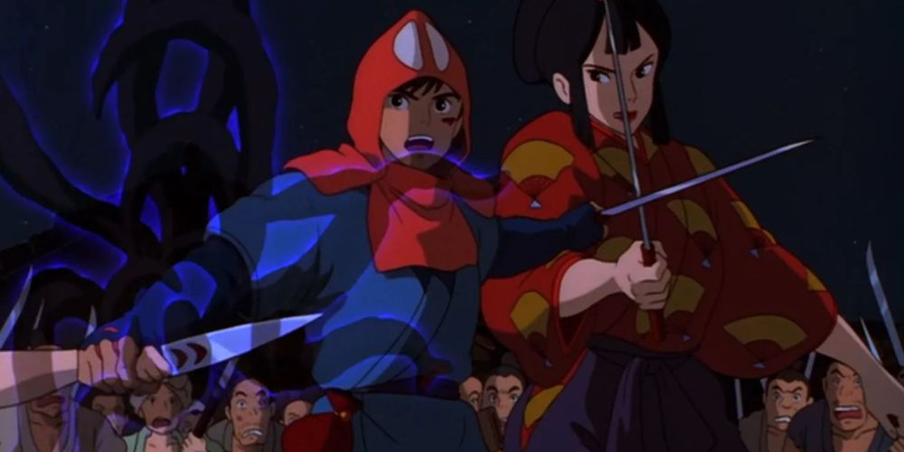 Prince Ashitaka breaks up the fight between Lady Eboshi and San in Princess Mononoke