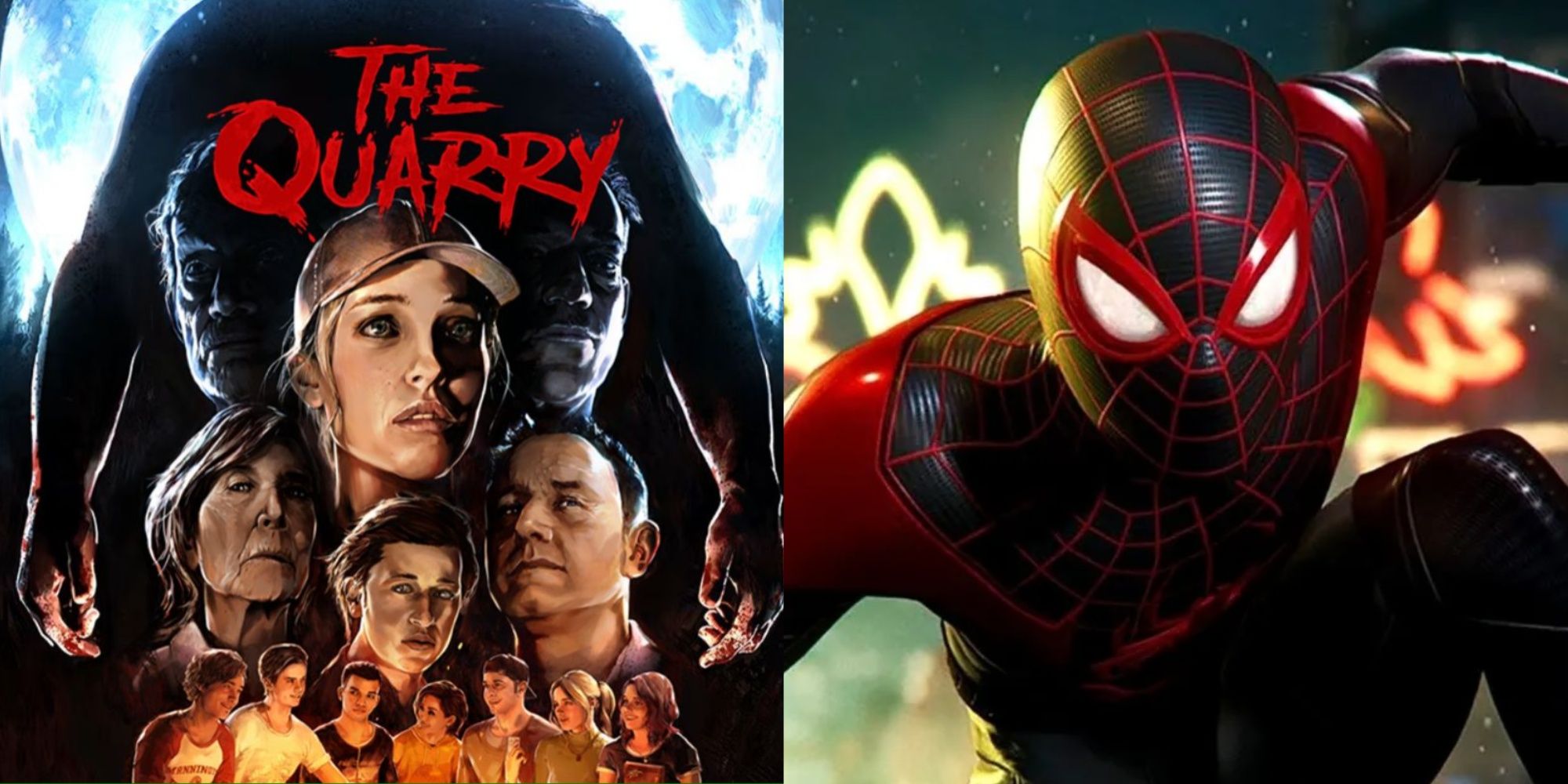 A split image of The Quarry video game and Spider-Man: Miles Morales for Steam