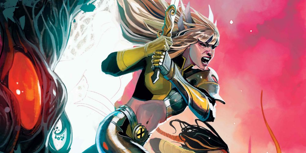 Magik rushes through a Krakoan portal yelling and with her sword drawn on the cover of Realm of X #1