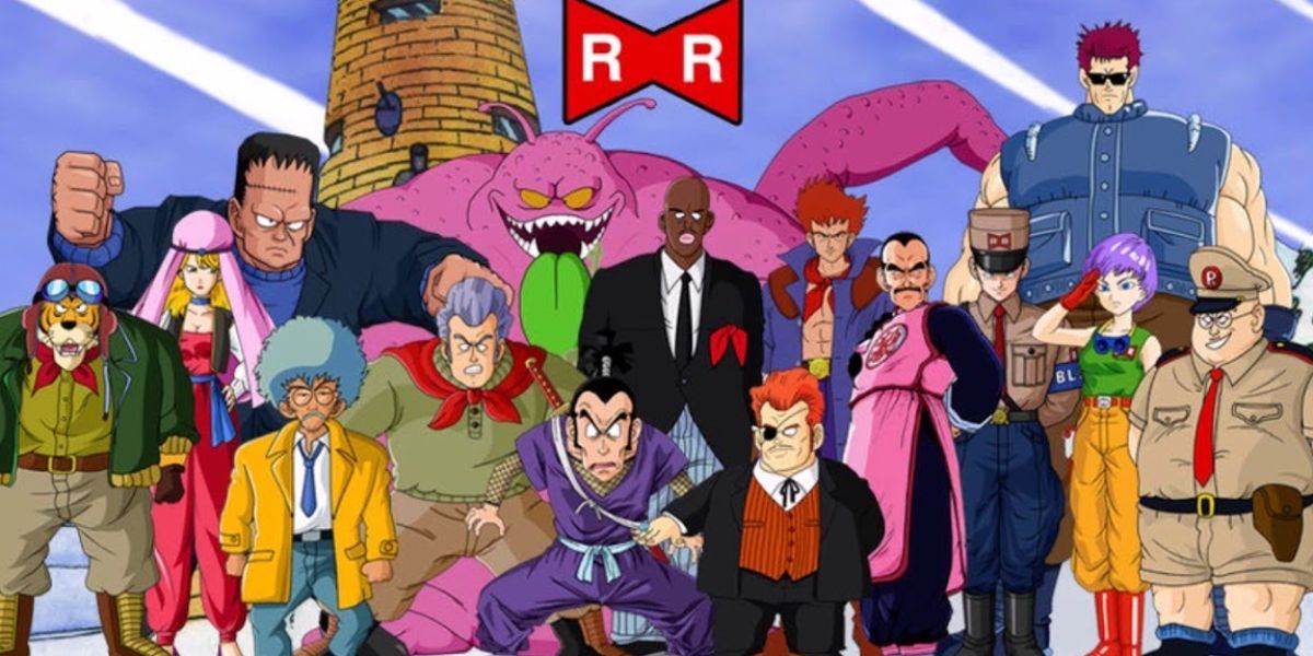 Artwork featuring the most prominent members of the Red Ribbon Army including Commander Red, Staff Officer Black, General Blue, Mercenary Tao, and Android 8 from Dragon Ball