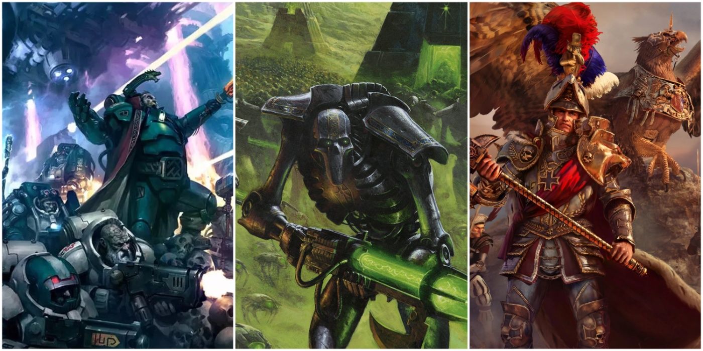 A split image showing the Leagues of Votann and Necrons from Warhammer 40,000, and the Empire from Warhammer Fantasy