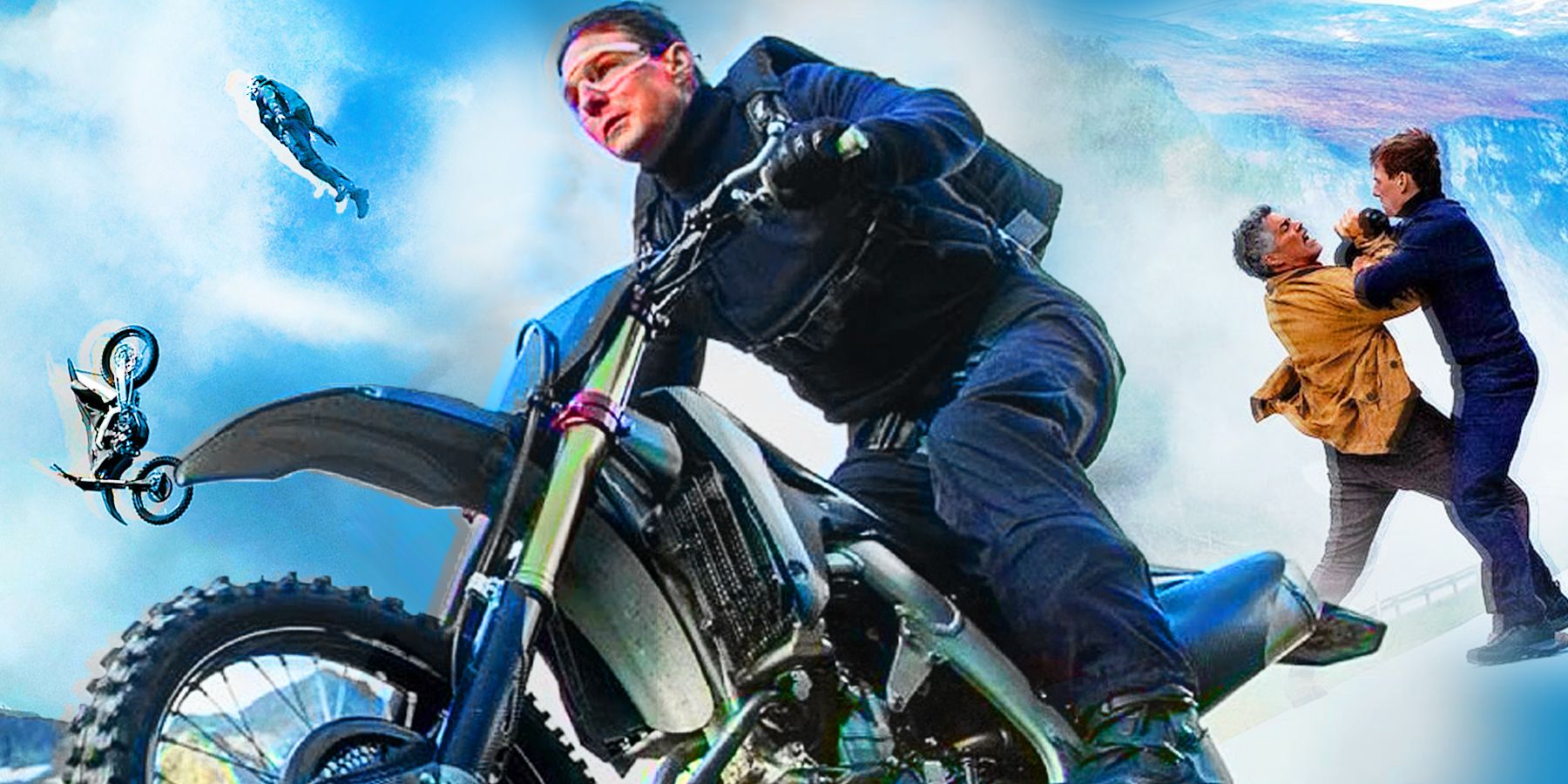 Tom Cruise Flies through the air on a motorcycle in Mission Impossible Dead Reckoning