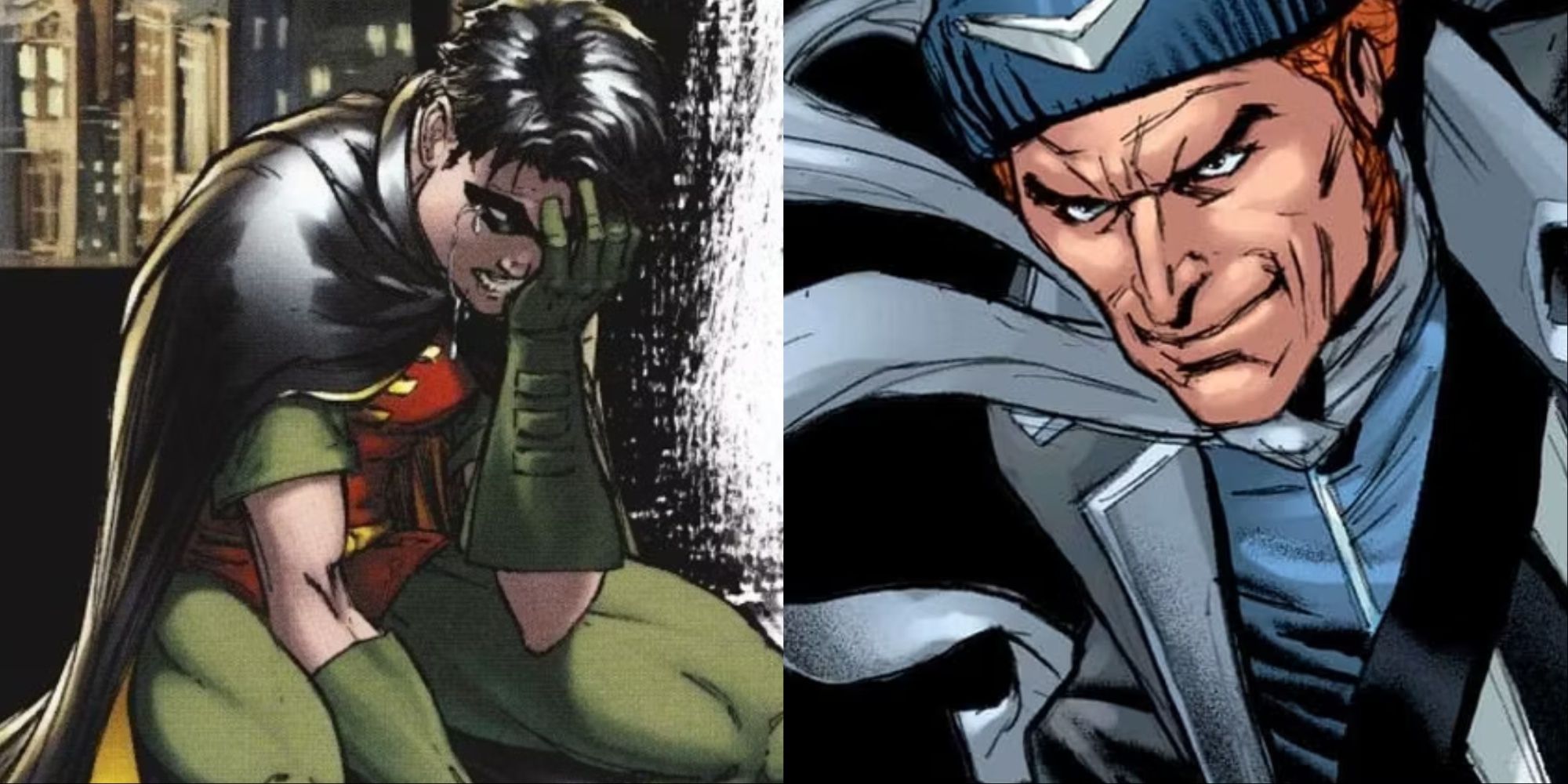 A split image of Tim Drake/Robin crying and Captain Boomerang leering in DC Comics