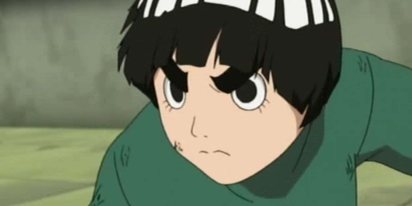 A determined Rock Lee is in a stance during a fight in the arena in Naruto