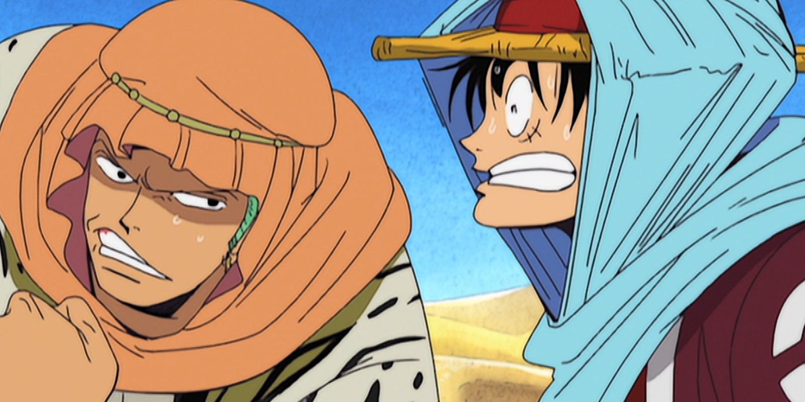 Roronoa Zoro and Luffy wearing desert clothes in Alabasta Arc in One Piece