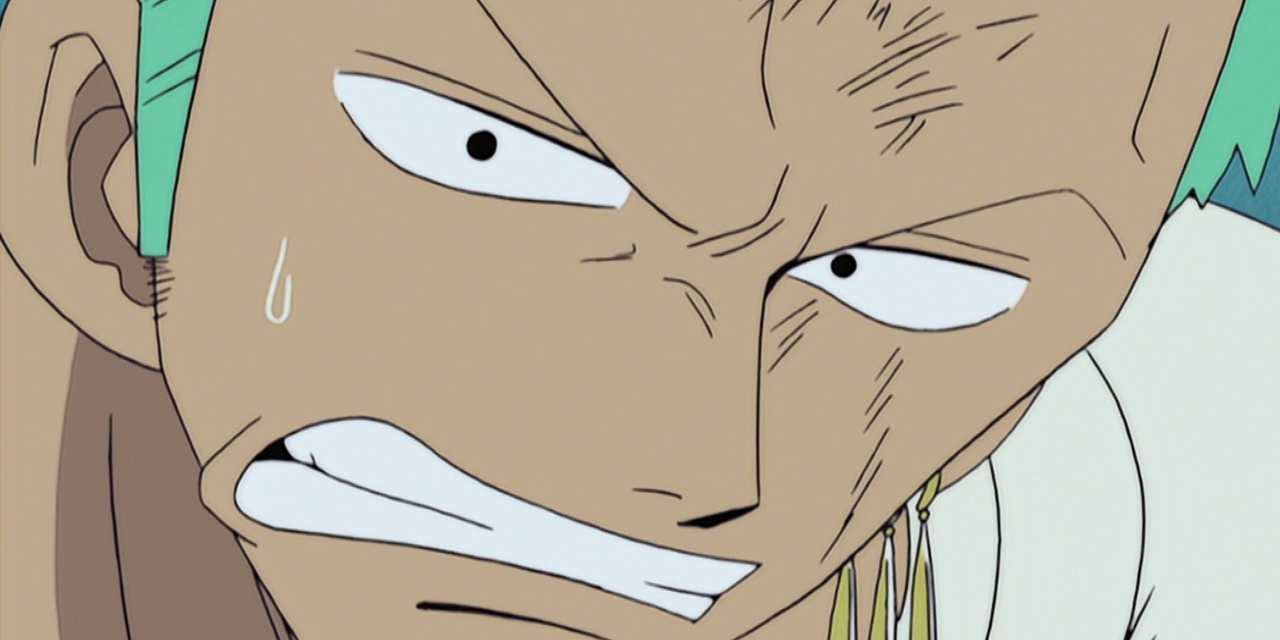 Roronoa Zoro bares his teeth and sweats during a fight in One Piece.