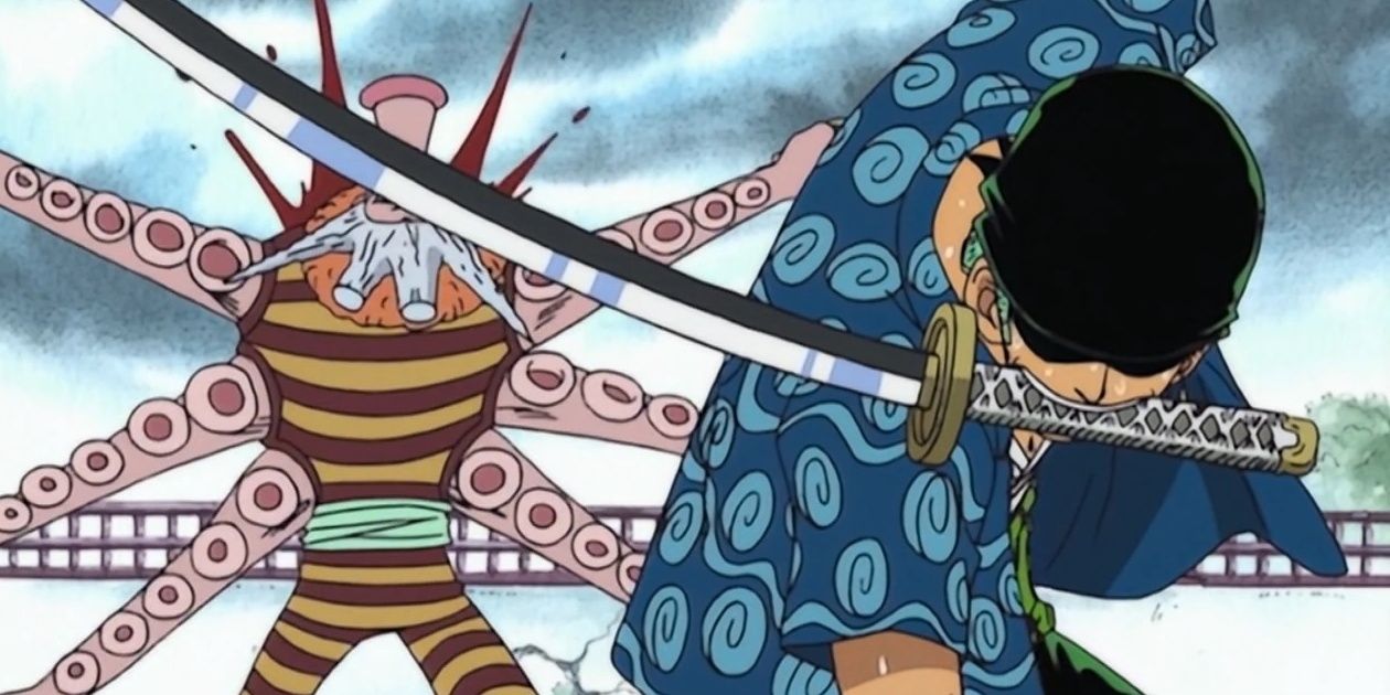 Roronoa Zoro fights Hachi in One Piece.
