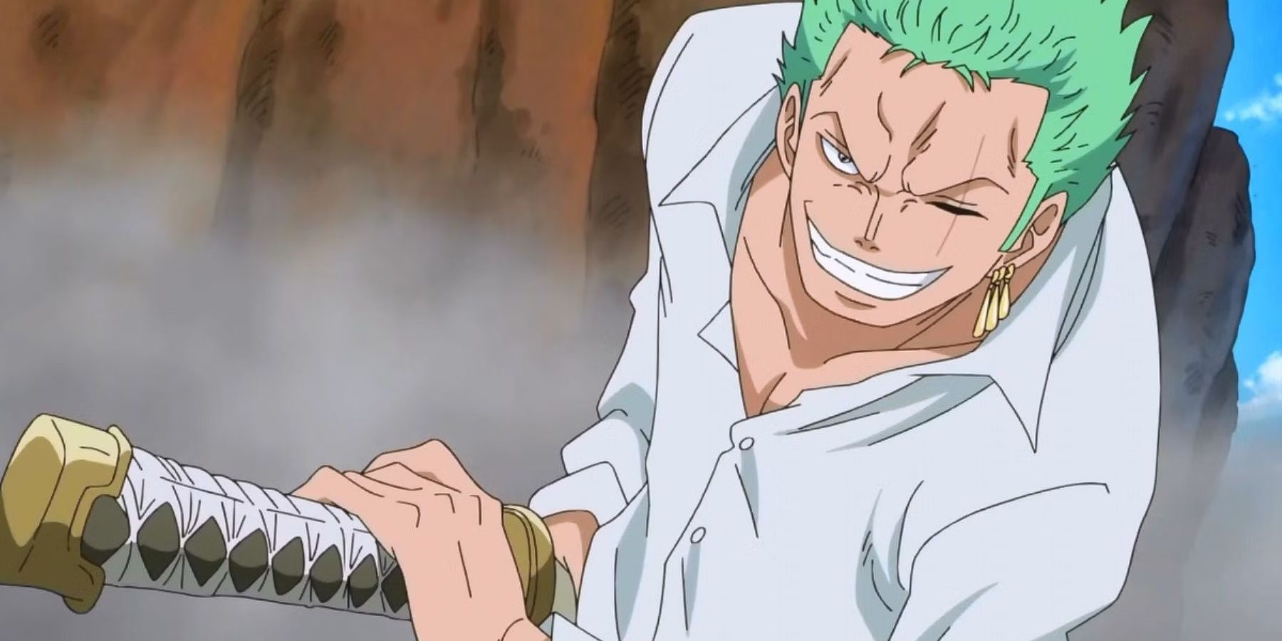 Roronoa Zoro is grinning while preparing his sword in One Piece.