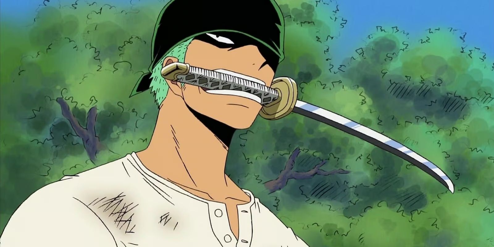 Roronoa Zoro with a sword in his mouth in One Piece.