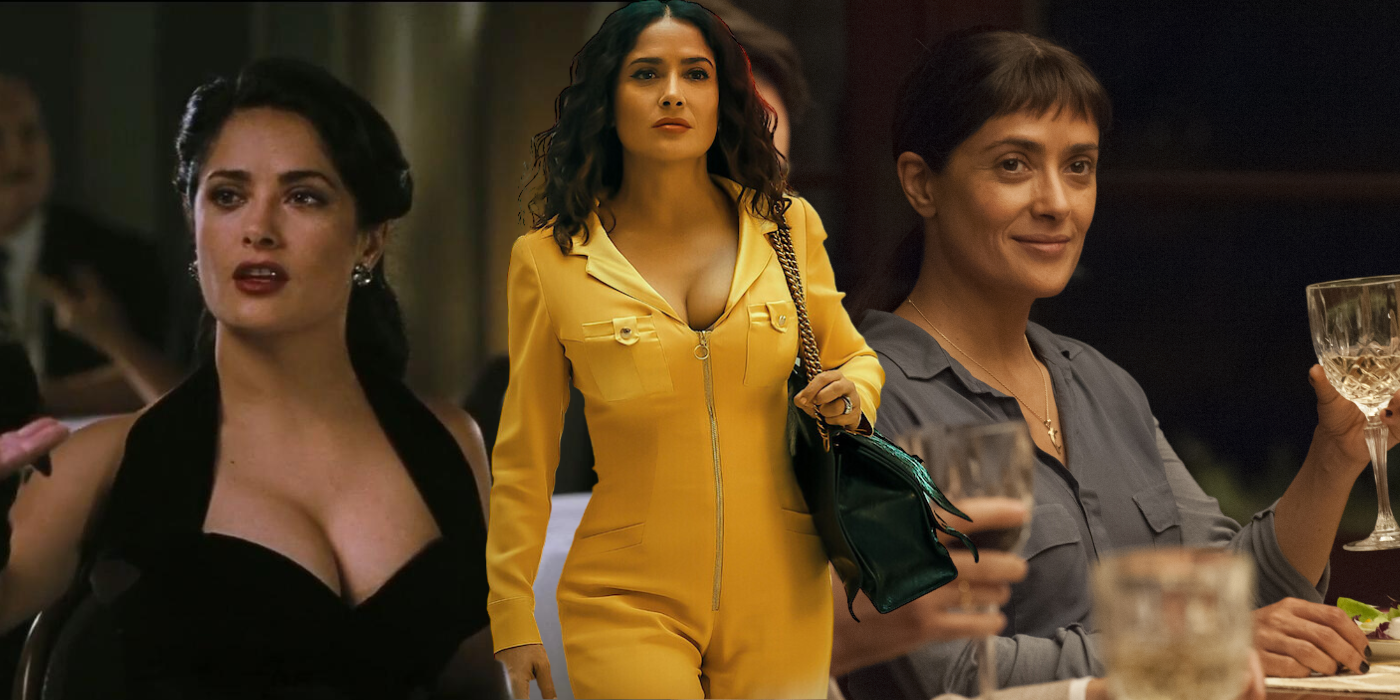 Collage of Salma Hayek in Lonely Hearts, Black Mirror, and Beatriz at Dinner