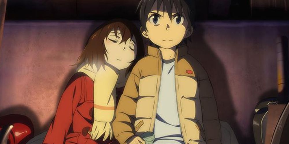 Satoru Fujinuma and Kayo Hinazuki sit together in the bus hideout light by a camp light in Erased