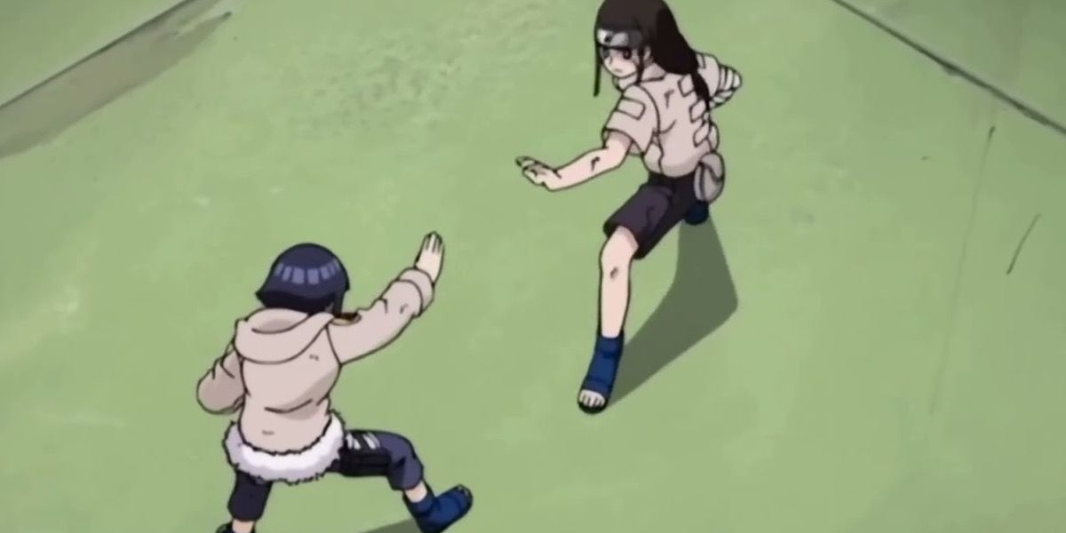 Hinata and Neji in a battle stance