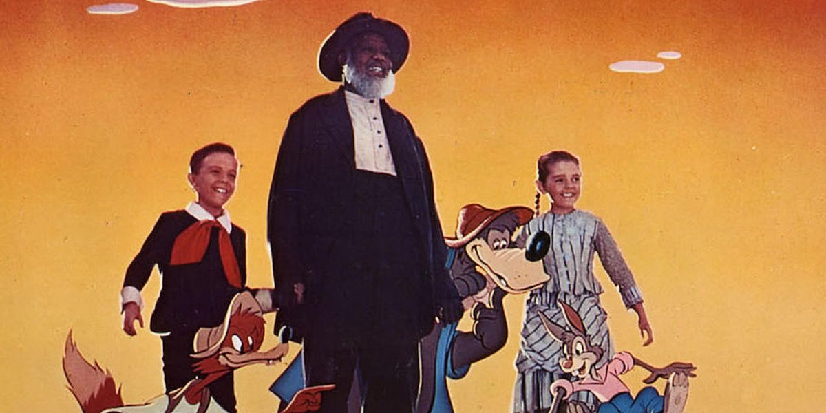 Uncle Remus stands with Johnny and various cartoons in Song of the South