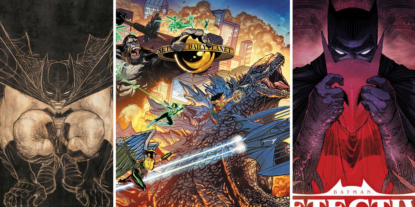 split image: Batman Gargoyle of Gotham, Detective Comics: Outlaws and the Justice League vs Godzilla and Kong