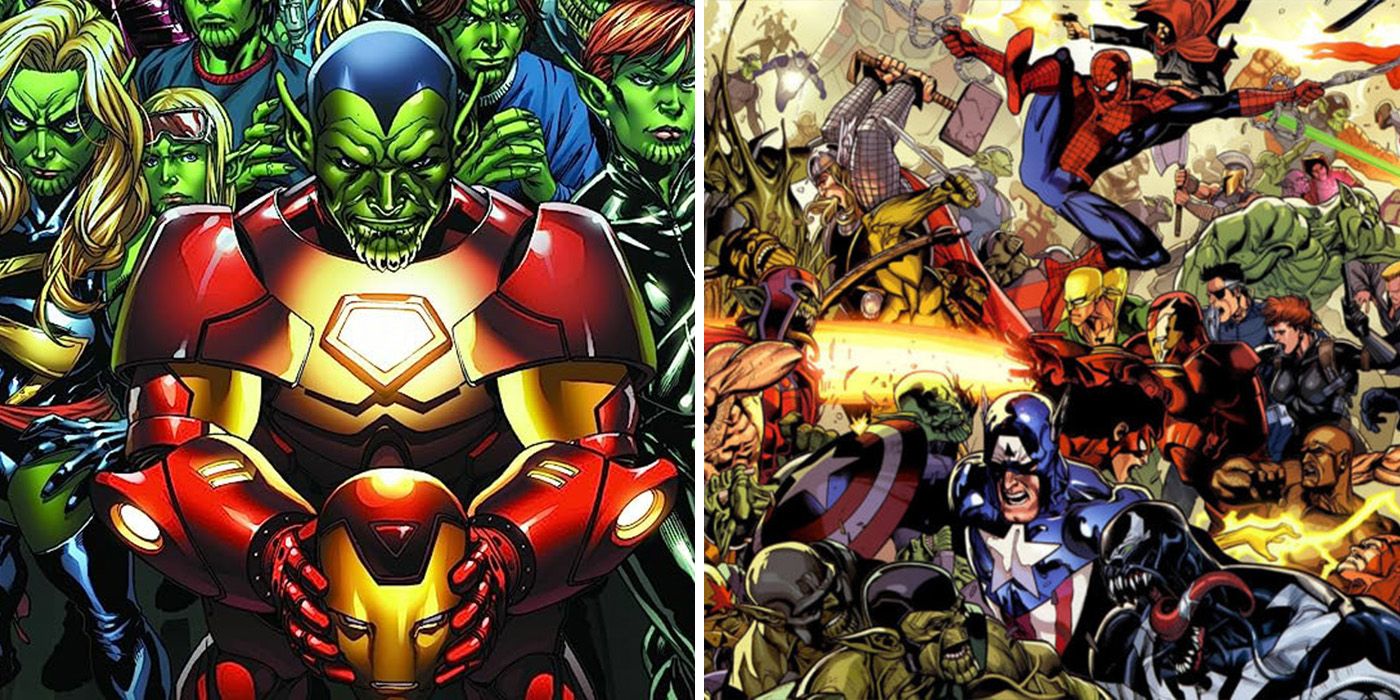 split image: Iron Man, Captain Marvel, Black Widow as Skrulls in Secret Invasion comic