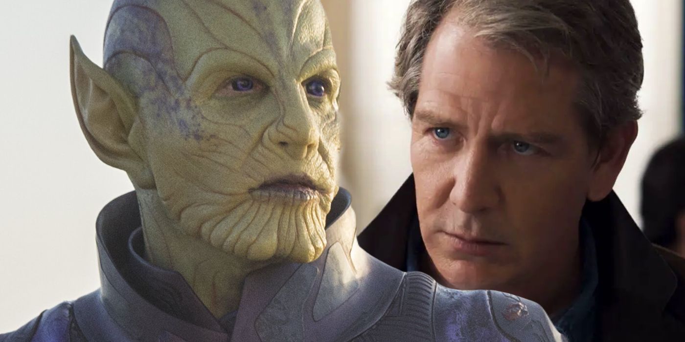 Split Image: Talos (Ben Mendelsohn) as a Skrull and as a human in the MCU