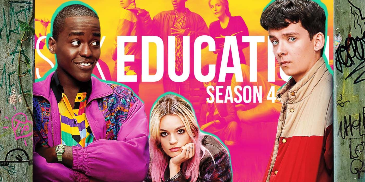 Otis, Eric, and Maeve from Sex Education posed in front of a logo for the series