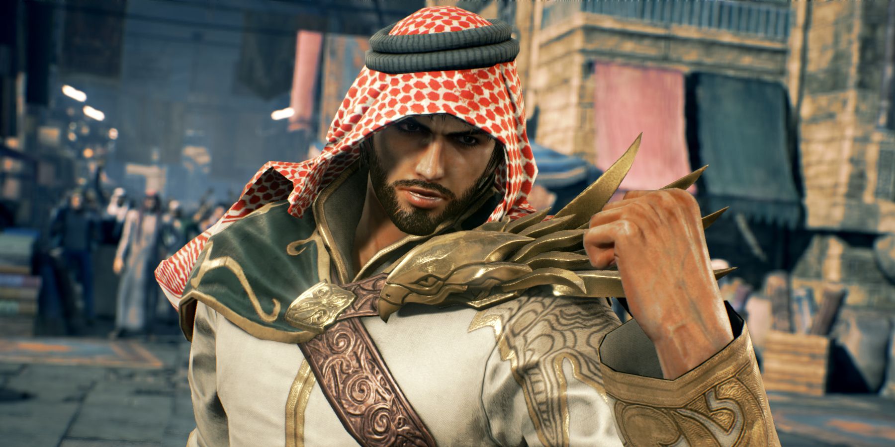 Shaheen com o punho erguido na introdução do personagem em Tekken 7