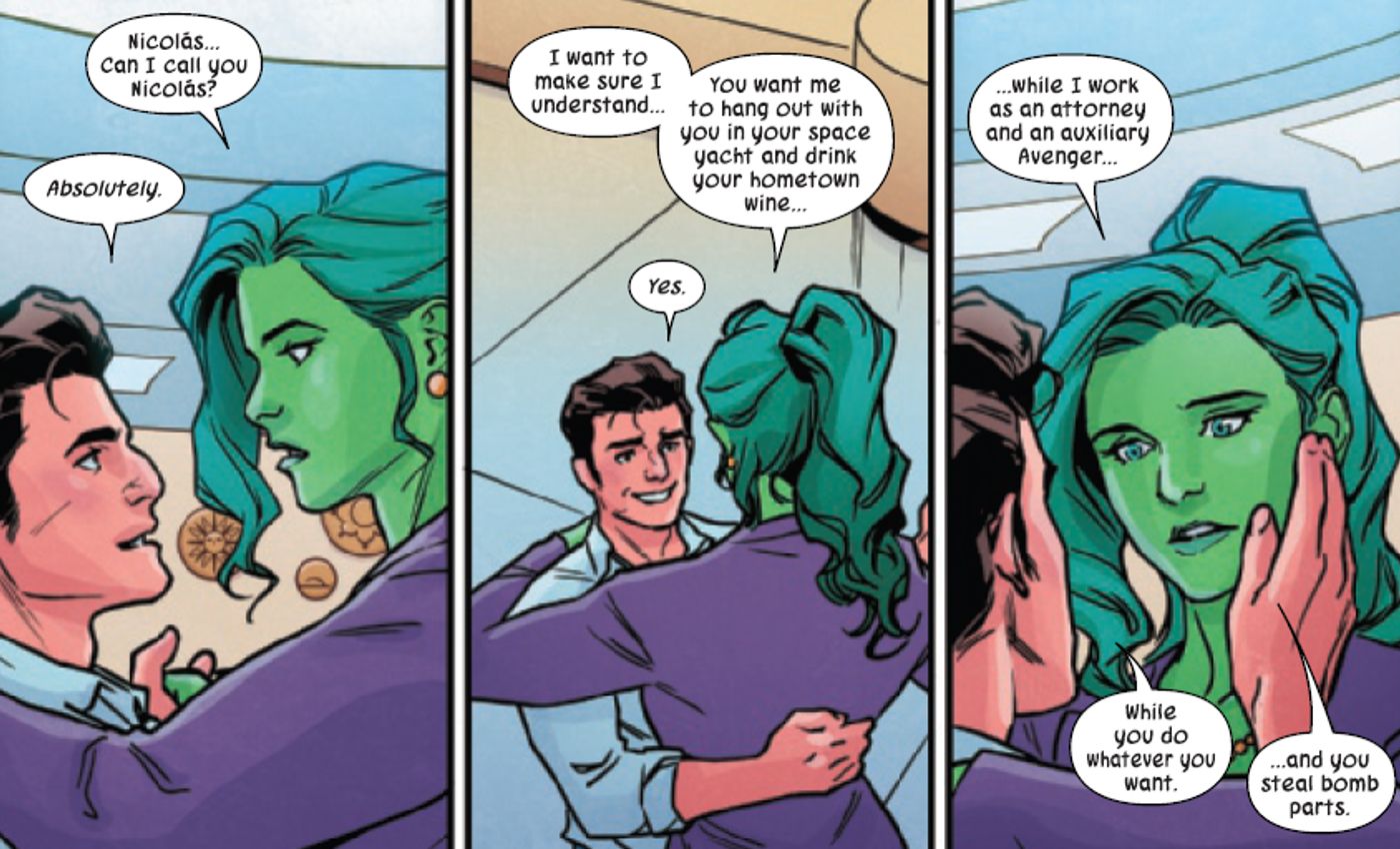 She-Hulk e Scoundrel dançando e conversando na Marvel Comics