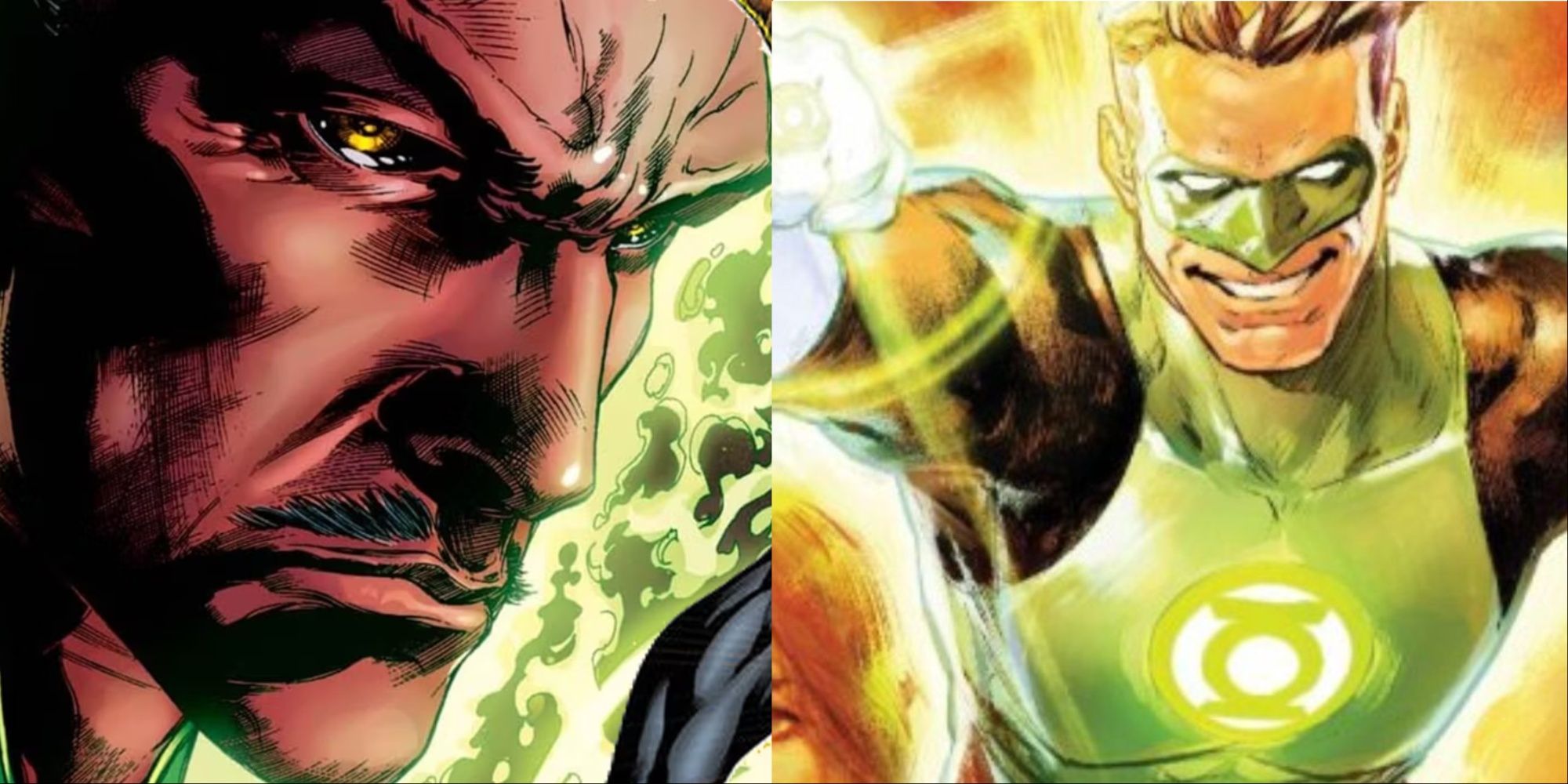A split image of a scowling Sinestro and a smiling Hal Jordan in DC Comics