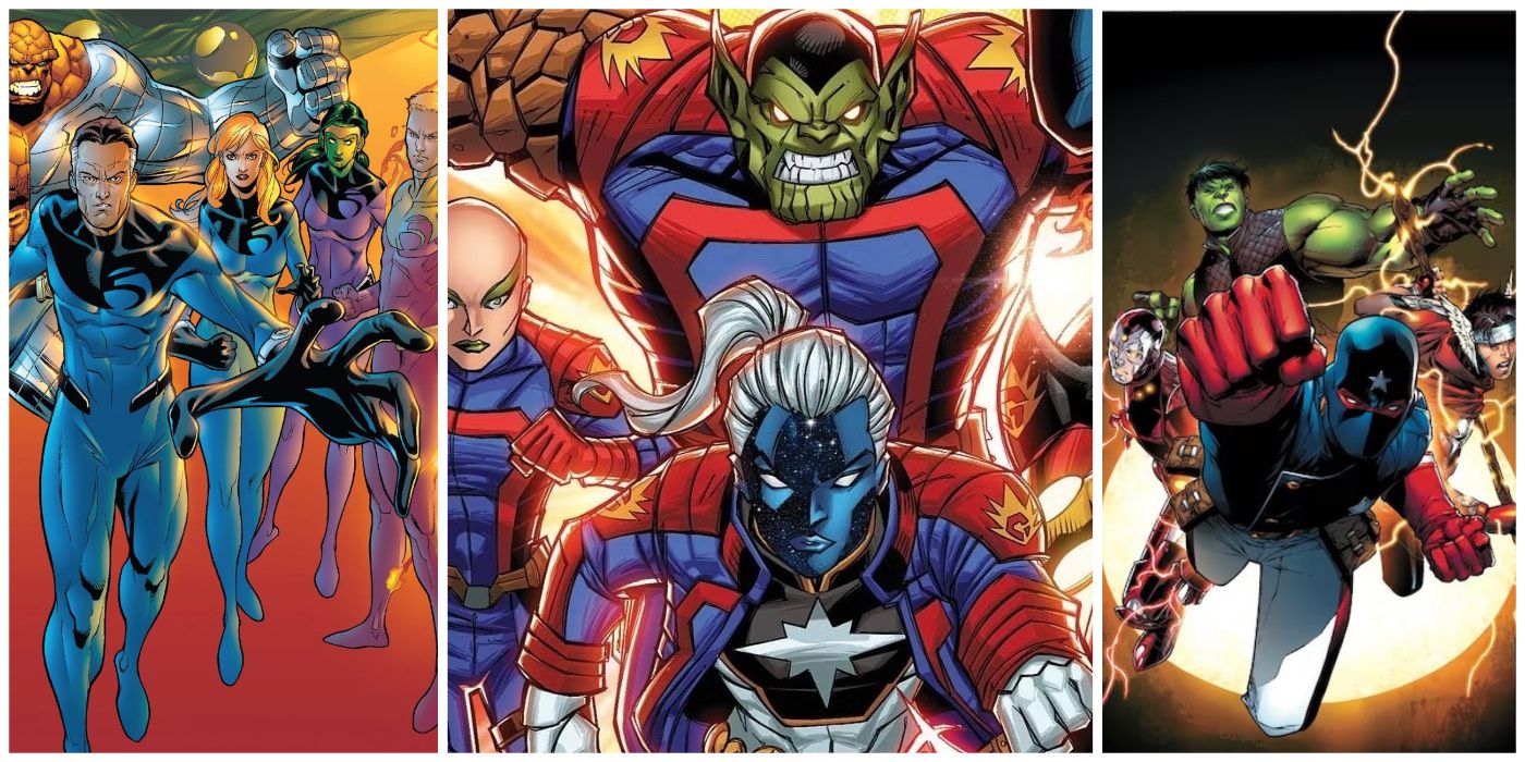 Split Image of Lyja and Fantastic Five, Super-Skrull and Guardians of the Galaxy, Hulkling and Young Avengers