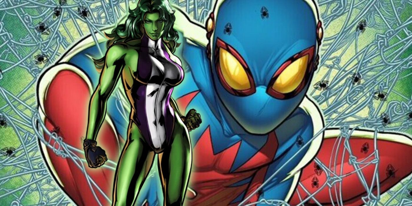 She-Hulk poses as Spider-Boy sits on webs in Marvel Comics