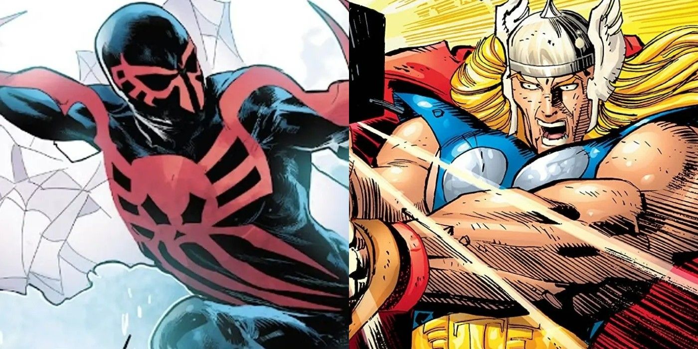 A split image of Spider-Man 2099 and Thor from Marvel comics