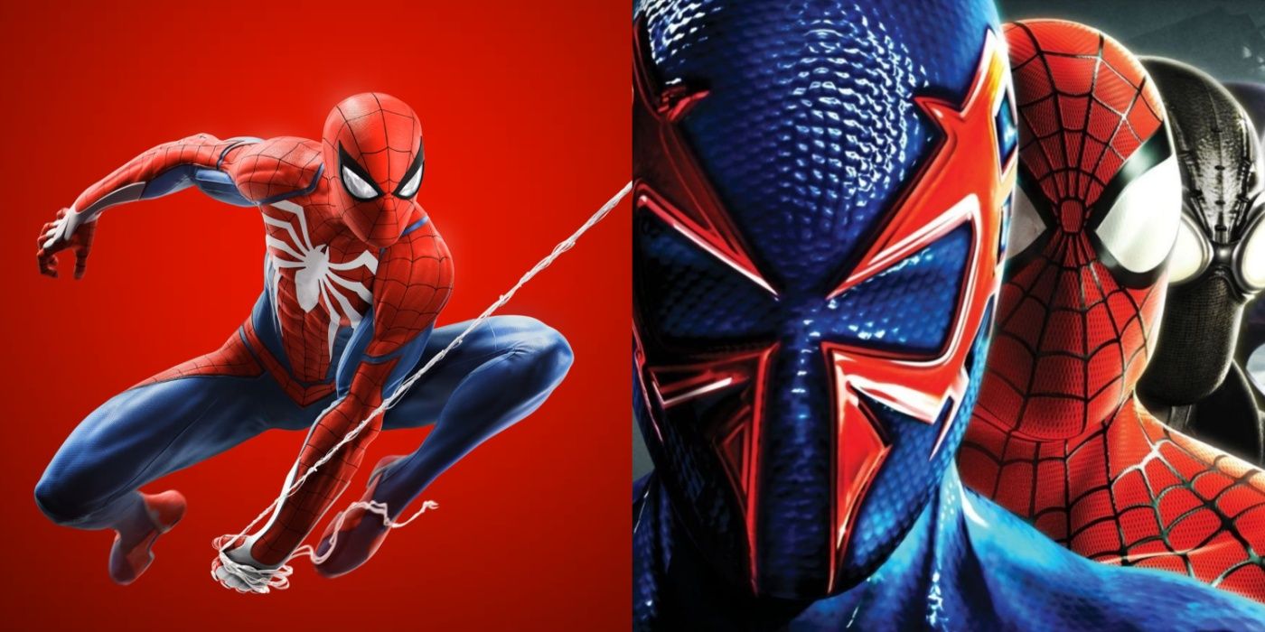 Split image of Spider-Man in PS4 key art and three of his variants in Shattered Dimensions.