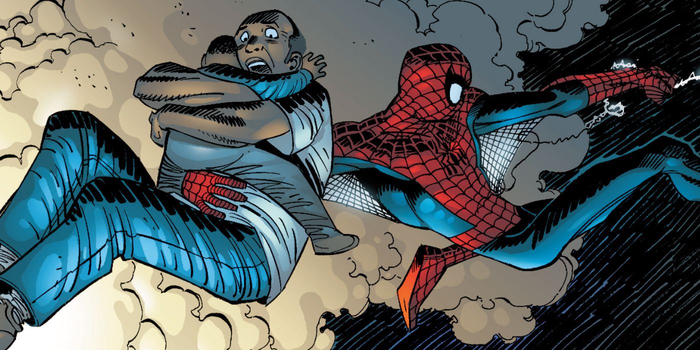 Spider-Man saving a family from a fire in Marvel's Nuff Said issue from Amazing Spider-Man 39