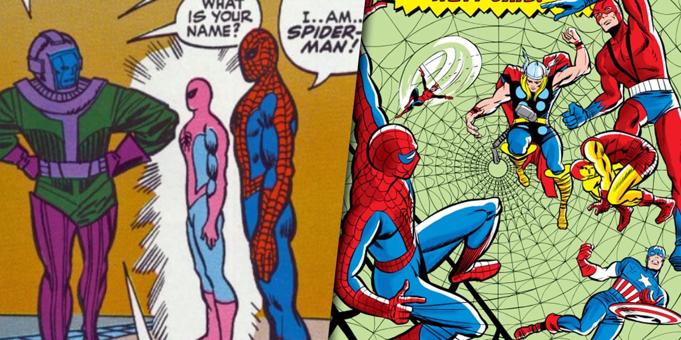 Split image of Kang creating a Spider-Man android named Timespinner and its attack on the Avengers
