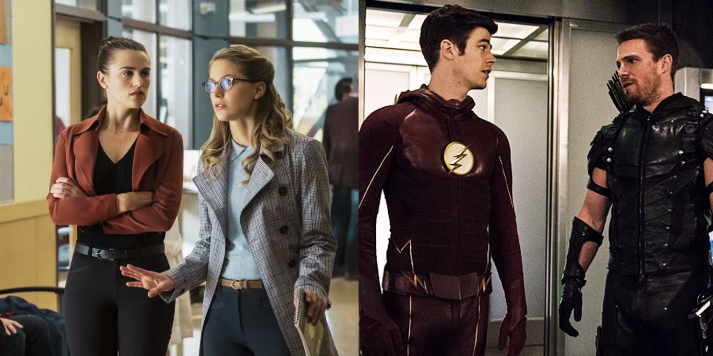 Split image of Kara and Lena in Supergirl and Barry and Oliver in the Arrowverse