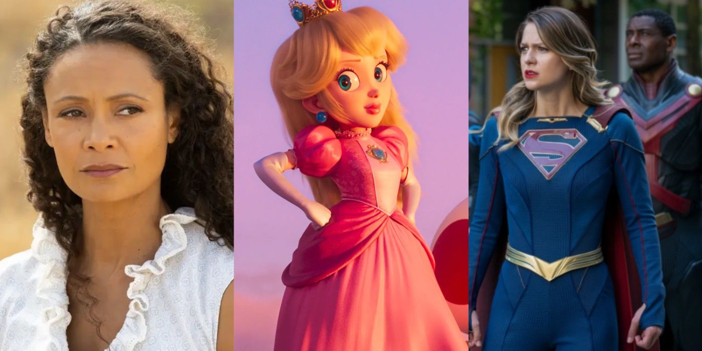 Split image of Maeve, Peach and Supergirl in Westworld, Mario and DC feature