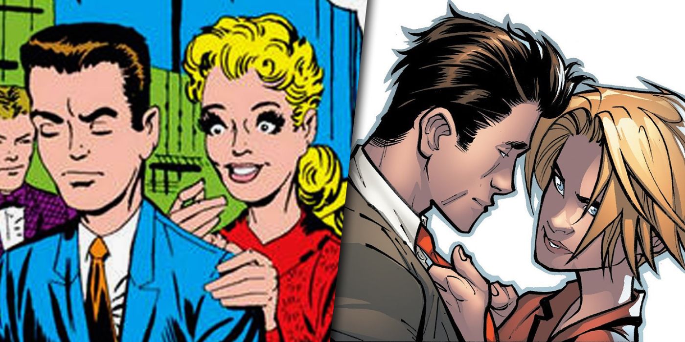 Split image of Peter Parker and Liz Allan in high school and as adults from Marvel Comics