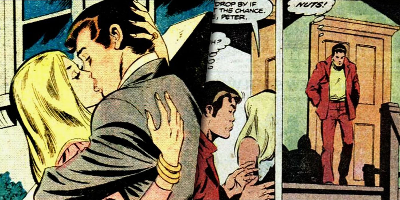 Split image of Peter Parker kissing Cissy Iron wood and then strikiing out at her door from Marvel Comics