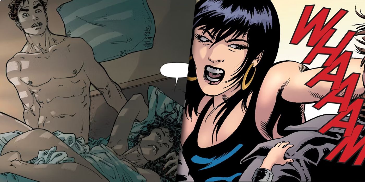 Split image of Peter Parker waking up next to Michelle Gonzalez and Gonzalez slapping Parker from Marvel Comics