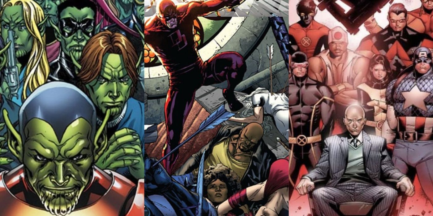 Split image of Secret Invasion, Shadowland, and House of M feature