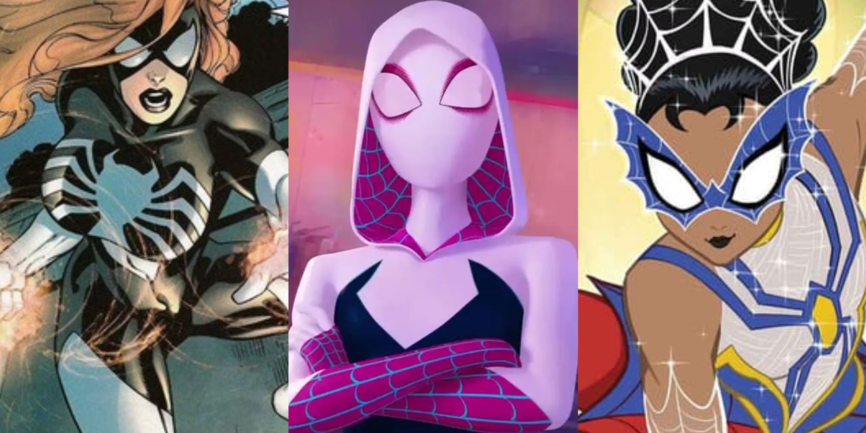 A split image of Spider-Woman, Ghost-Spider, and Spintress