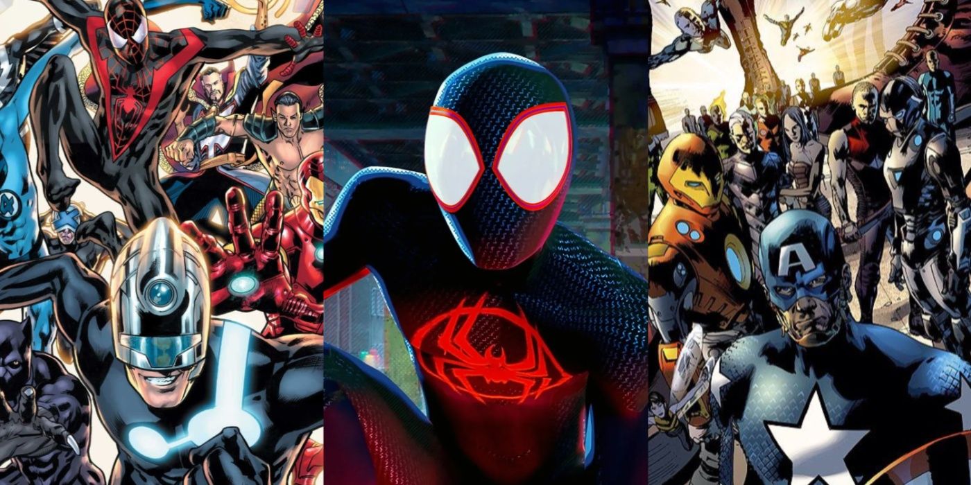 Split image of Ultimate Invasion, the Ultimates, and Miles Morales from Spider-Man: Across the Spider-Verse