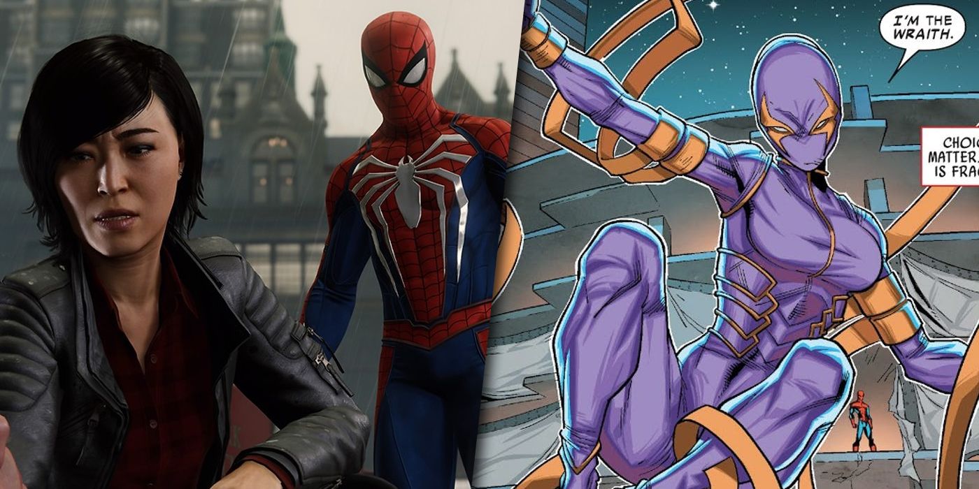 Split image of Yuri Watanabe with Spider-Man from the PS4 game and as Wraith from Marvel Comics