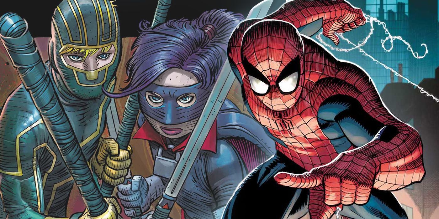 Split image of Kick-Ass and Hit-Girl with Spider-Man swinging by John Romita, Jr.