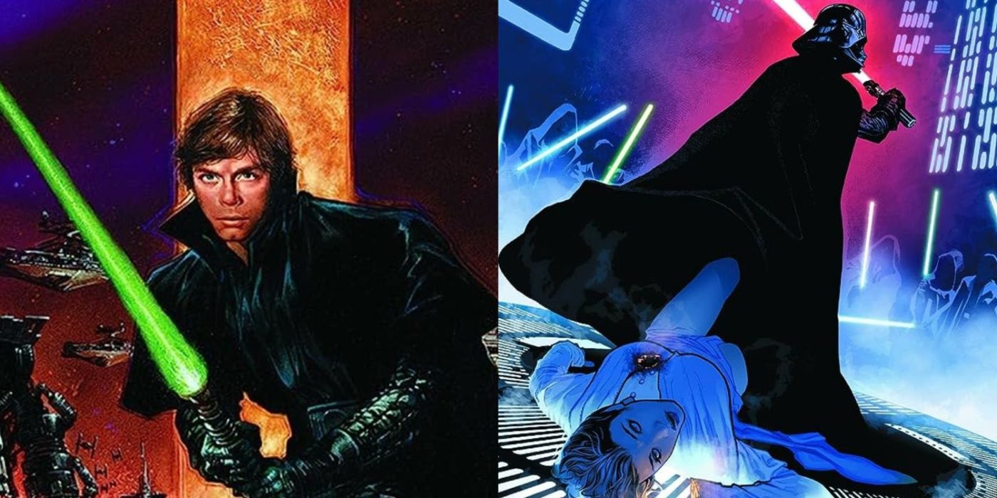 Split image of Luke Skywalker and Darth Vader in cover art for Dark Empire and Purge, respectively.