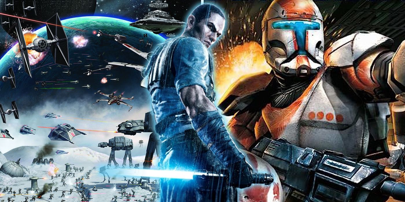 split image: Star Wars Empire at War and Republic Commandos games and Starkiller from Force Unleashed II