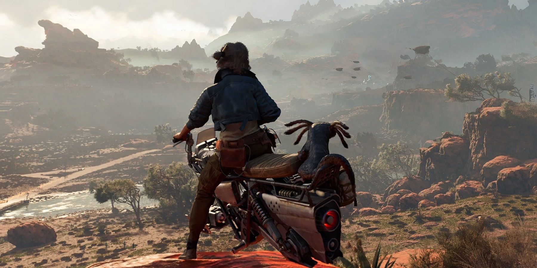 Kay and Nix on a Speeder Bike overlooking a valley in Star Wars Outlaws