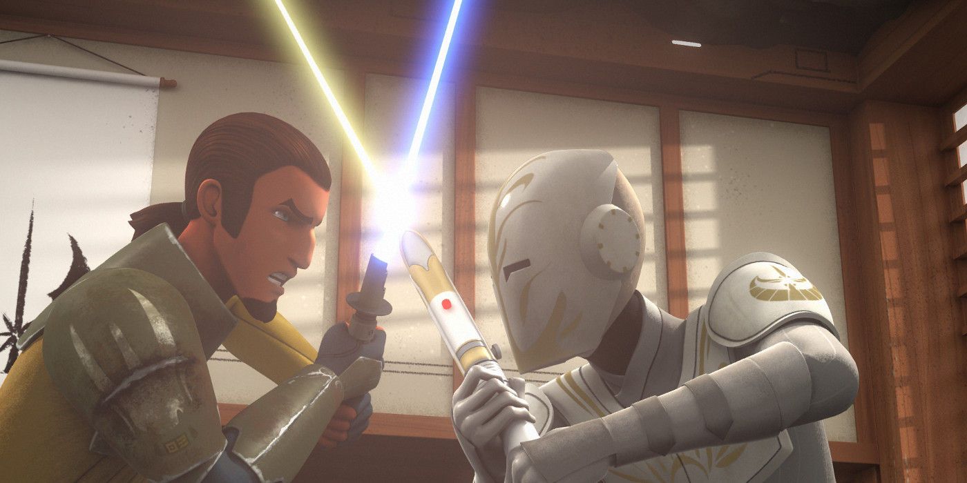 Kanan Jarrus em um duelo de sabres de luz com um Guarda do Templo Jedi em Star Wars Rebels.
