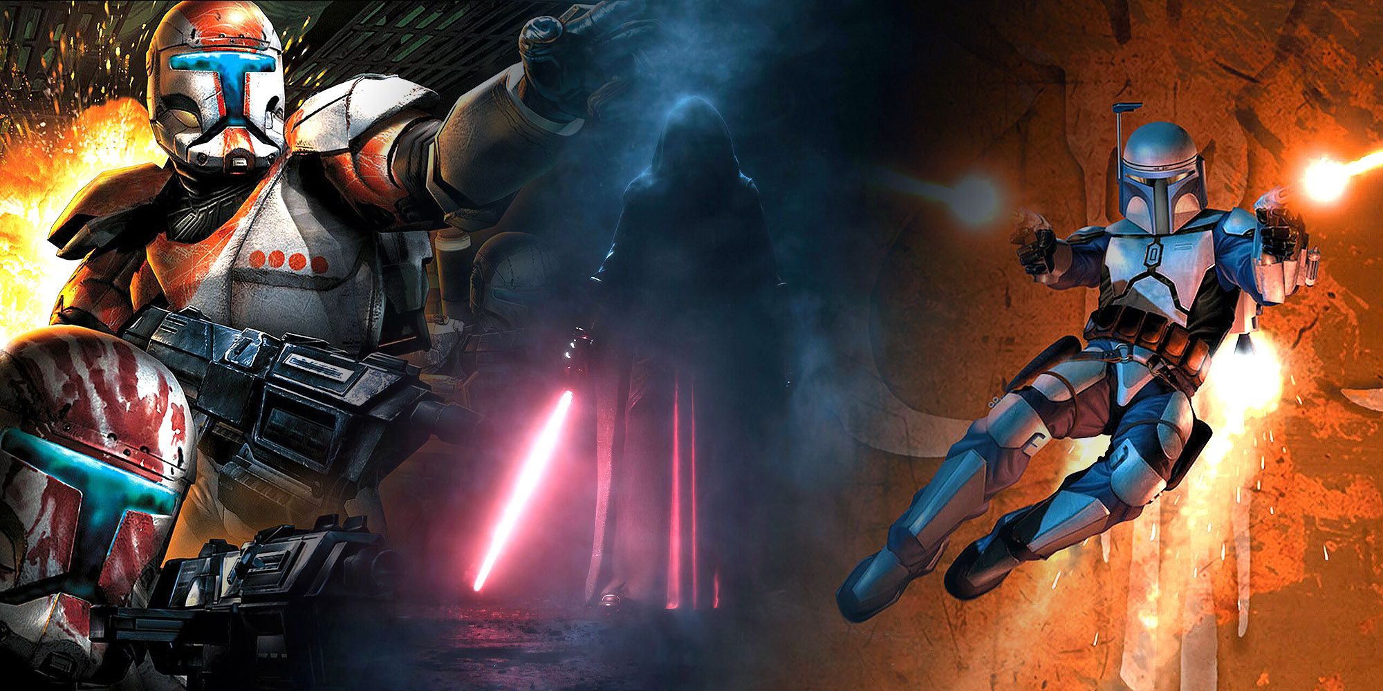 A split image of Mandalorian bounty hunters and Sith in KOTR